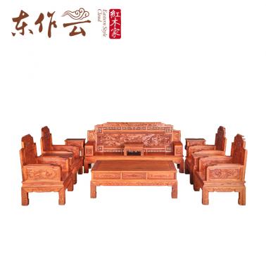 真功斧缅甸花梨山水锦上添花沙发十一件套
