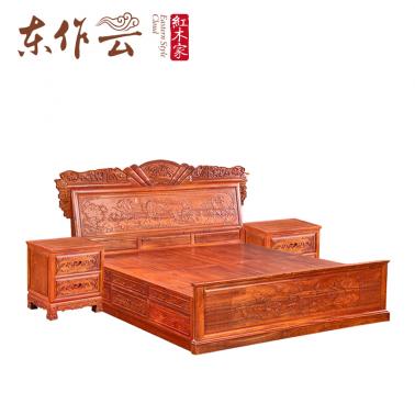 真功斧缅甸花梨1号荷花大床1.8米三件套