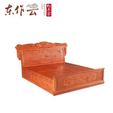 真功斧缅甸花梨荷塘月色大床（檀雕）1.8米三件套