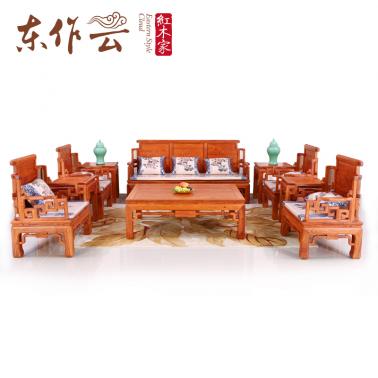 非洲花梨（刺猬紫檀）花开富贵沙发十件套